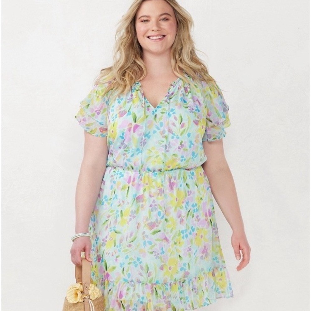 Lauren Conrad Women Large Floral Ruffle Cottagecore Coquette Midi Dress Pastel